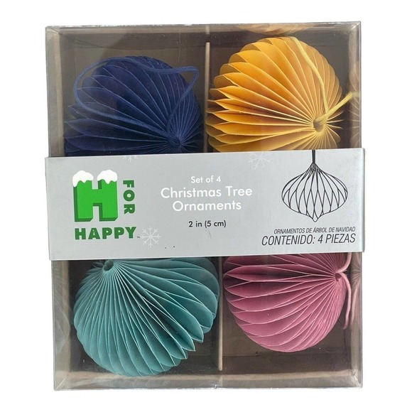 H For Happy Set Of 4 Christmas 2" Paper Squatty Teadrop Tree Ornaments Colorful - Picture 3 of 15